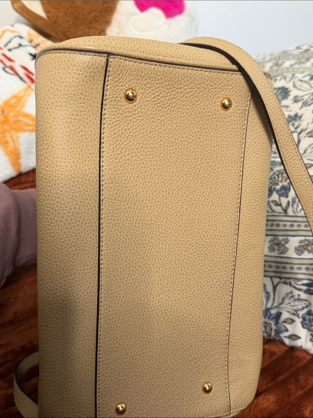 Lauren Ralph Lauren Beige Pebbled Leather Satchel with Gold RL Charm - Picture 7 of 9